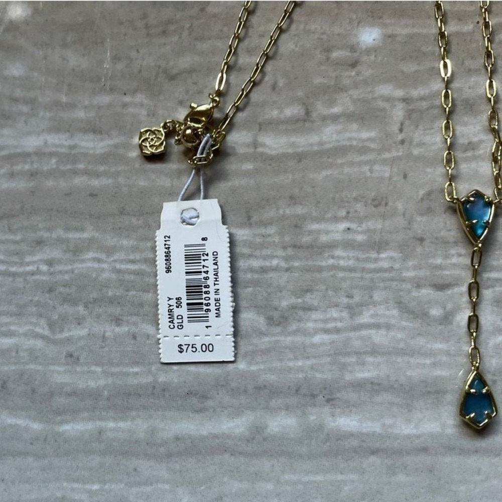 Kendra Scott Gold Tone Teal Blue Stone Lariat Necklace and Slider Bracelet Set - Picture 5 of 7